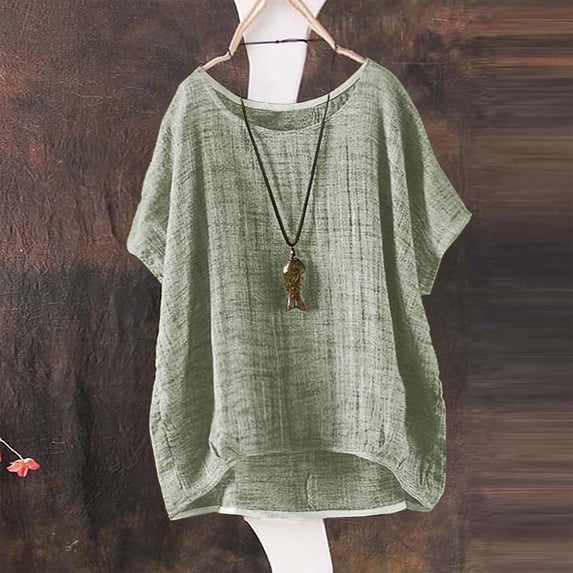Women's Plus Size Cotton Linen T-Shirt, Short Sleeve Loose Fit Summer Top, Breathable Cotton Linen Solid Color Blouse for Casual Everyday Wear, Vacation and Relaxed Outfits JN L