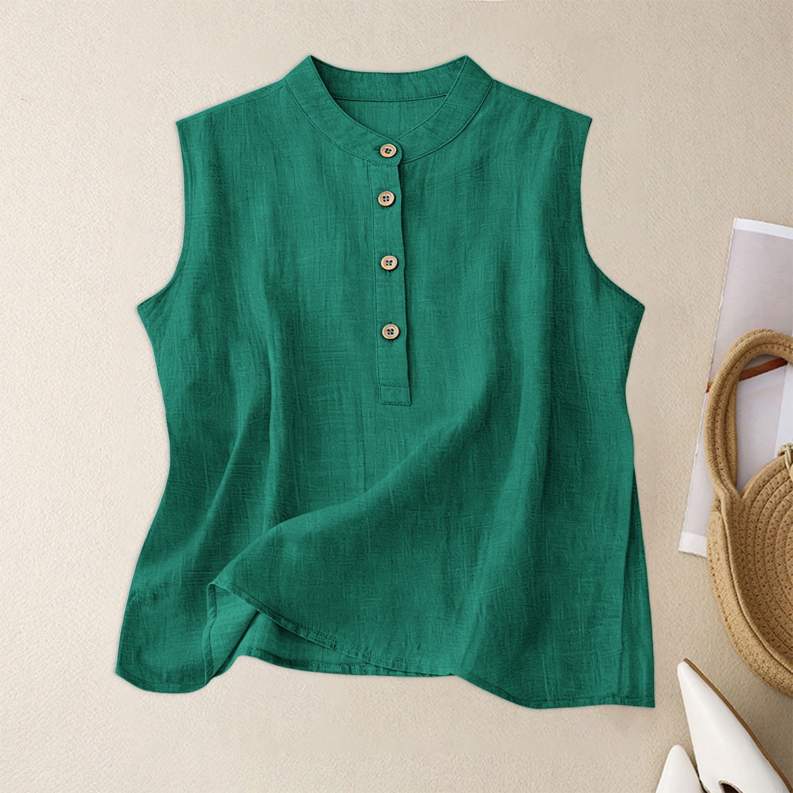 Women's Plus Size Cotton Linen Tank Top, Half Button Down Sleeveless ...