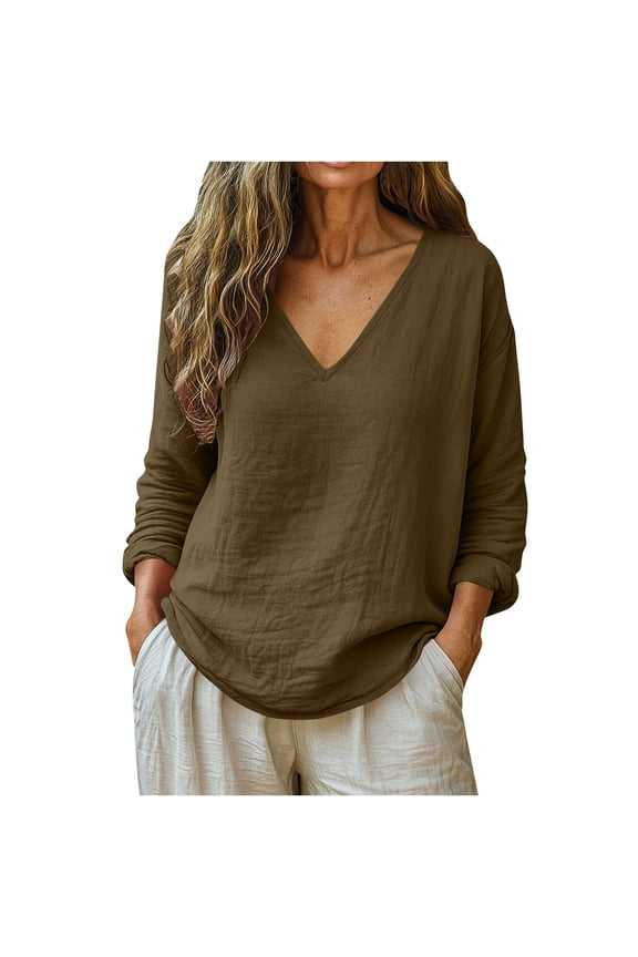 Women's Plus Size Cotton Linen Tops Long Sleeve V Neck Boho Shirt Casual Summer Outdoor Beach Shopping Blouse S-5XL