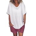 thumbnail image 1 of Women's Plus Size Cotton Linen Tops Loose Flowy Blouses Solid Short Sleeve Comfy Basic Tunics Tee Shirts for Summer, 1 of 6