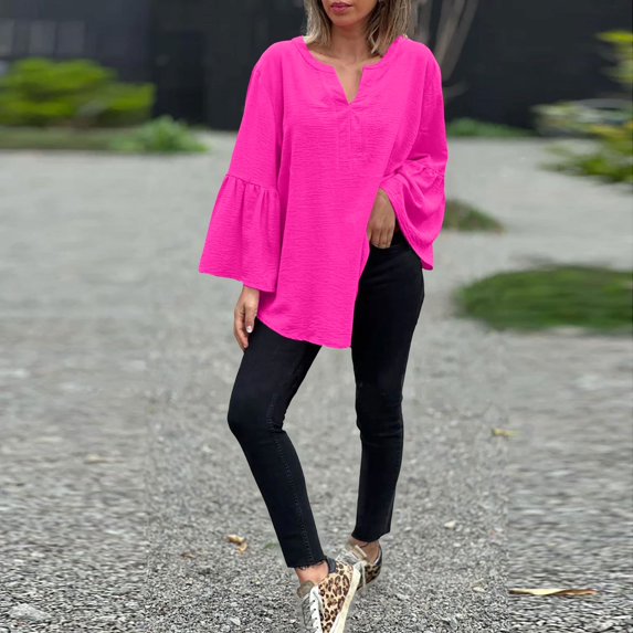 Women's Plus Size Cotton Linen Tunic, Long Sleeve V Neck Blouse with Flare Sleeve, Solid Color Loose Fit Top for Spring Summer Beach Casual Wear and Vacation Outfits Hot Pink M