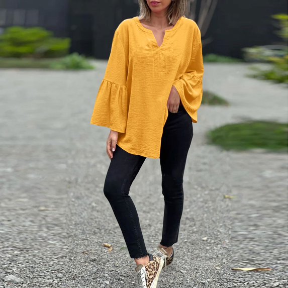 Women's Plus Size Cotton Linen Tunic, Long Sleeve V Neck Blouse with Flare Sleeve, Solid Color Loose Fit Top for Spring Summer Beach Casual Wear and Vacation Outfits Yellow L