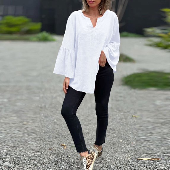 Women's Plus Size Cotton Linen Tunic, Long Sleeve V Neck Blouse with Flare Sleeve, Solid Color Loose Fit Top for Spring Summer Beach Casual Wear and Vacation Outfits White M