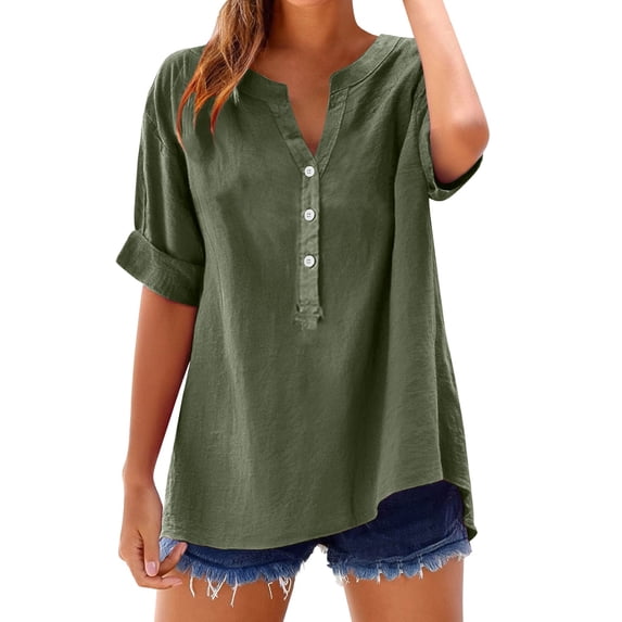Women's Plus Size Cotton Linen Tunic, V Neck Half Button Down Casual Blouse, 3/4 Sleeve Relaxed Fit Top for Daily Wear, Work, Dating and Versatile Outfits JN L