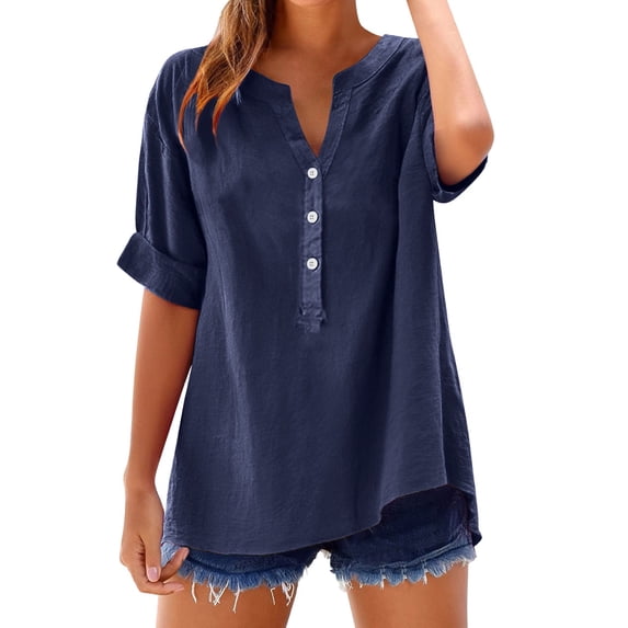 Women's Plus Size Cotton Linen Tunic, V Neck Half Button Down Casual Blouse, 3/4 Sleeve Relaxed Fit Top for Daily Wear, Work, Dating and Versatile Outfits Navy XXL