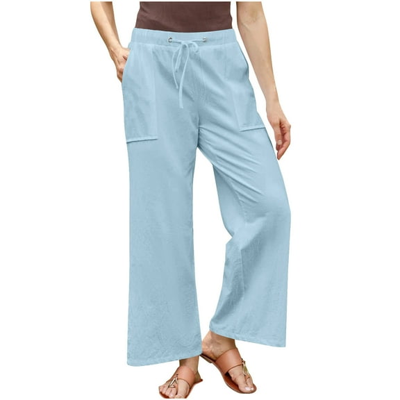 Women's Plus Size Cotton Linen Wide-Leg Pants Elastic Waist Drawstring Casual Straight-Leg Palazzo Trousers Pants with Pockets