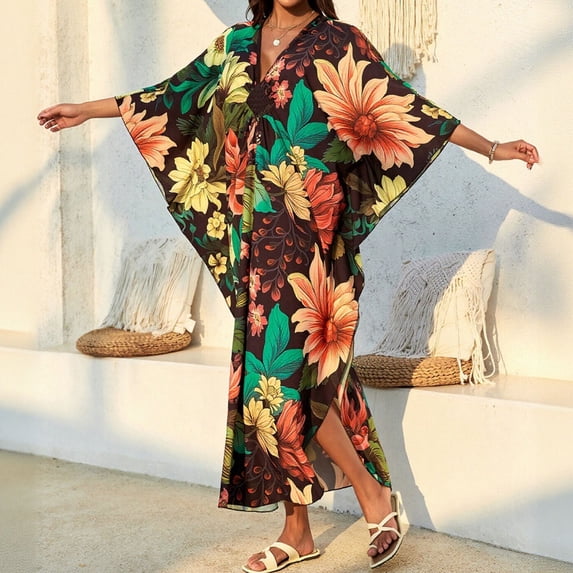 Women's Plus Size Cover Up Dress Boho Print Maxi Dress Lightweight V-Neck Sundress Loose Resort Wear Multicolor-3 Free Size