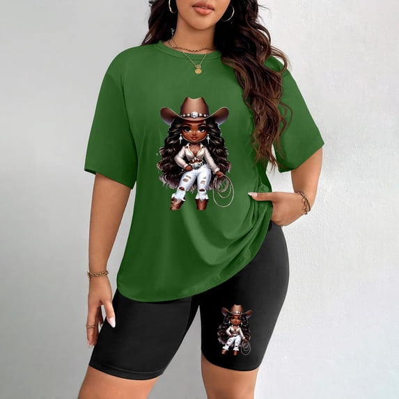 Women's Plus Size Cowgirl Cartoon Print T-Shirt & Shorts Set
