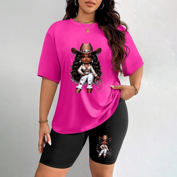 Women's Plus Size Cowgirl Cartoon Print T-Shirt & Shorts Set