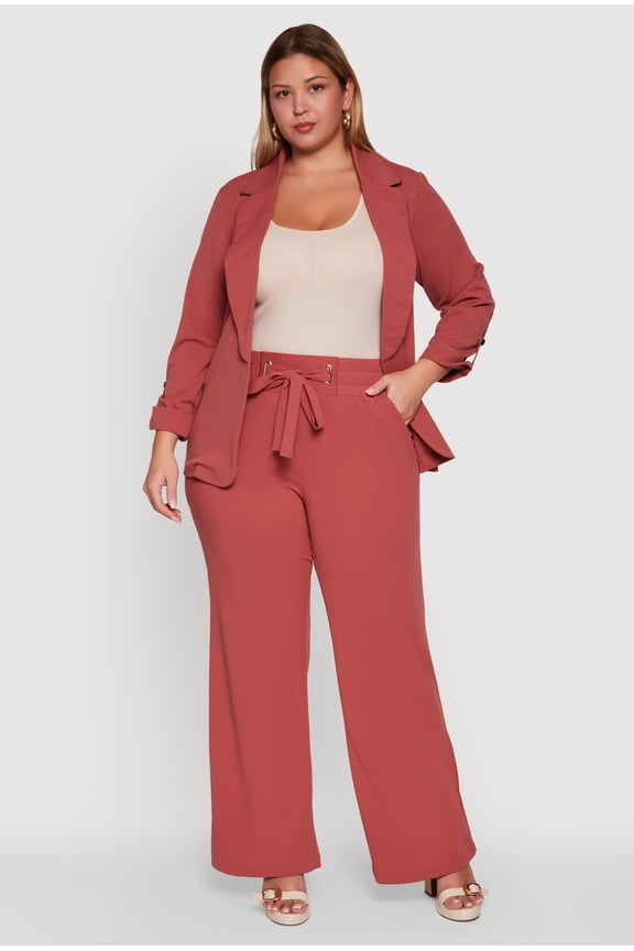 Women's Plus Size Crepe Knit Drawstring Detail Wide Leg Pants