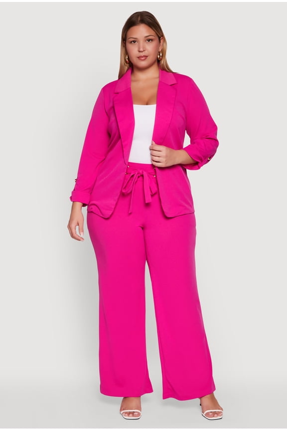 Women's Plus Size Crepe Knit Drawstring Detail Wide Leg Pants