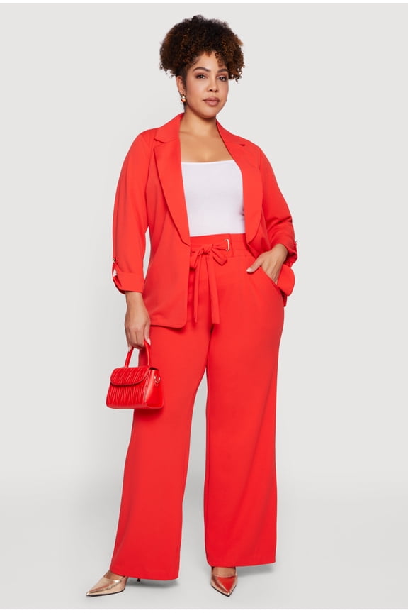 Women's Plus Size Crepe Knit Drawstring Detail Wide Leg Pants