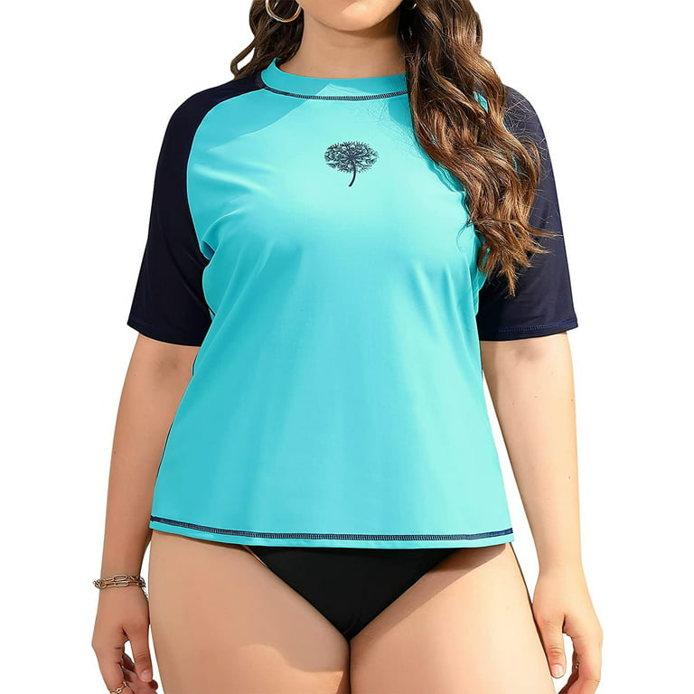 Women's Plus Size Crew Neck Color Blocked Rashguard Loose Fit UPF 50+ Swim  Shirt