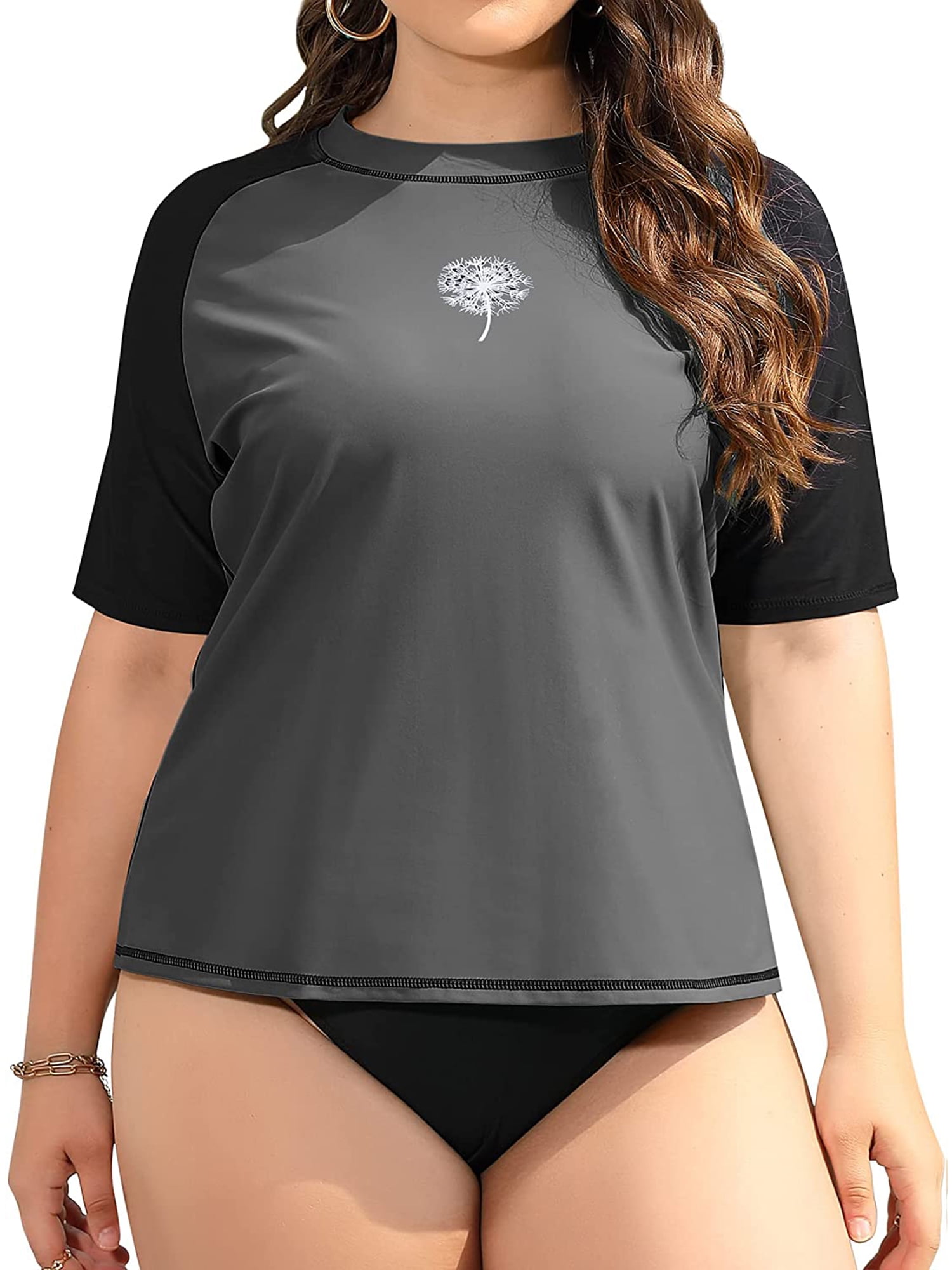 Women's Plus Size Crew Neck Color Blocked Rashguard Loose Fit UPF 50+ Swim  Shirt