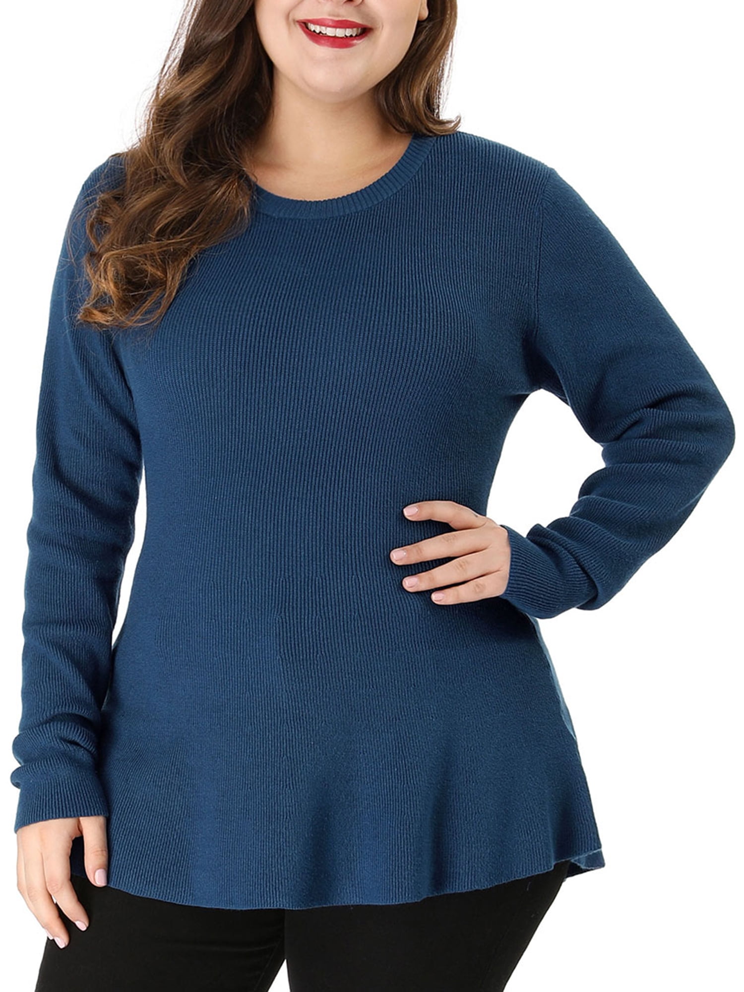Women's Plus Size Crew Neck Long Sleeve Ruffled Peplum Sweater