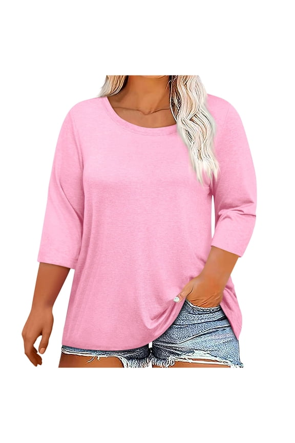 Women's Plus Size Crew Neck T Shirts Spring Summer 3/4 Sleeve Tees Casual Loose Fit Tunic Tops