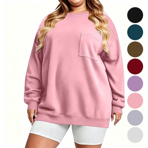 Women's Plus Size Crewneck Sweatshirt Oversized Long Sleeve Pullover with Chest Pocket Casual Fleece Top for Fall Winter Daily Wear