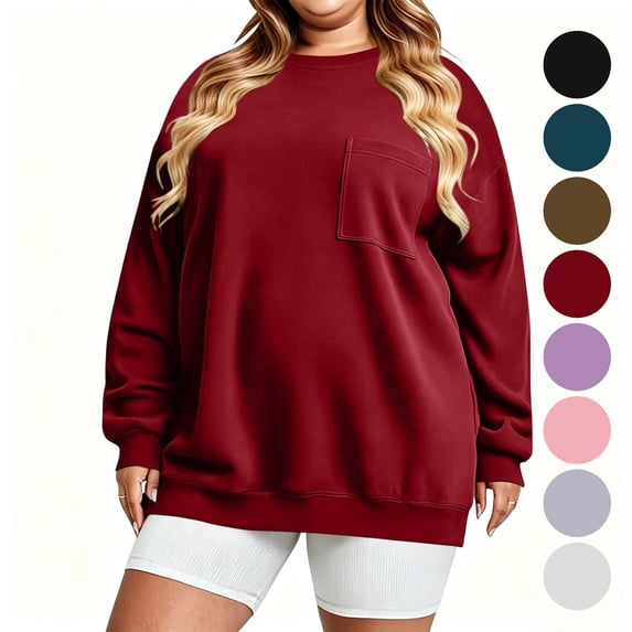 Women's Plus Size Crewneck Sweatshirt Oversized Long Sleeve Pullover with Chest Pocket Casual Fleece Top for Fall Winter Daily Wear