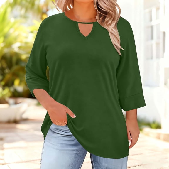 Women's Plus Size Crewneck T-Shirt with Three-Quarter Sleeve and Front Cutout Detail, Solid Color Base Layer Top