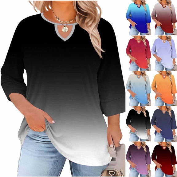 Women's Plus Size Crewneck Top with Front Cutout Three-Quarter Sleevefree Position Printing Base Layer T-Shirt | CSEONE,Black XL