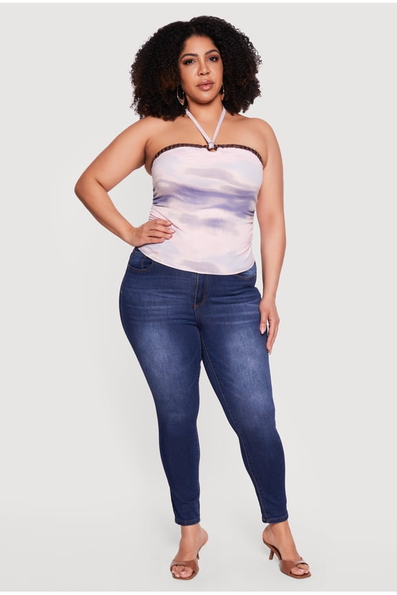Women's Plus Size Crochet Detail Side Ruched Halter Top