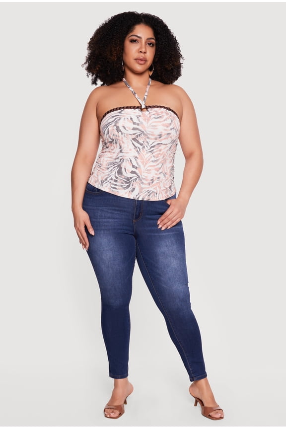 Women's Plus Size Crochet Detail Side Ruched Halter Top