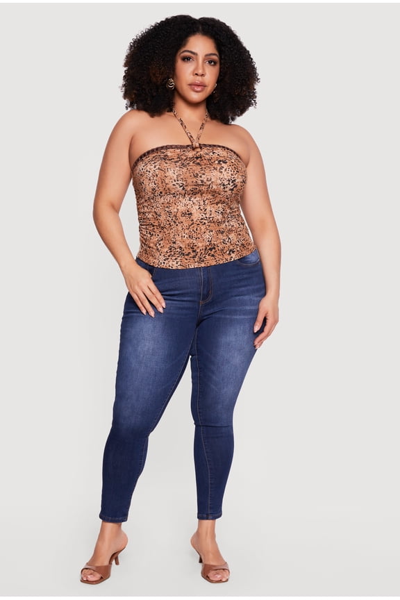 Women's Plus Size Crochet Detail Side Ruched Halter Top