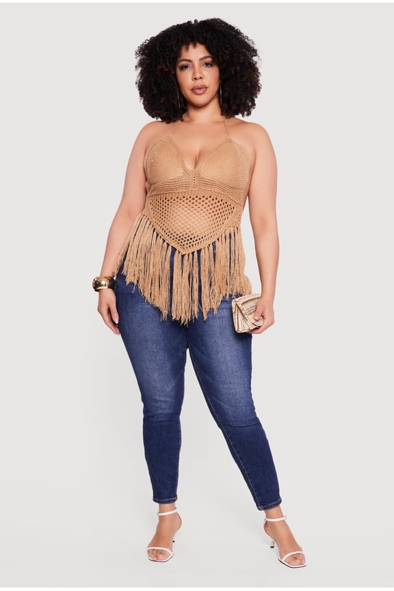 Women's Plus Size Crochet Tie Back Fringe Halter Top