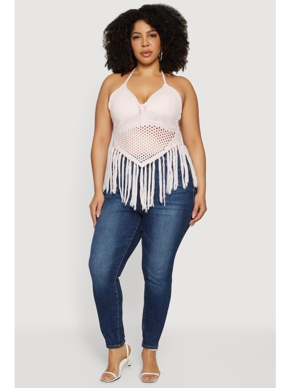 Women's Plus Size Crochet Tie Back Fringe Halter Top
