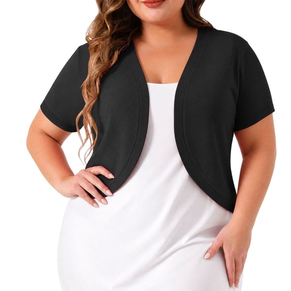 Women's Plus Size Cropped Cardigans Open Front V Neck Short Sleeve Knit Shrug Lightweight Dress Cover Up Black