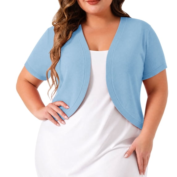 Women's Plus Size Cropped Cardigans Open Front V Neck Short Sleeve Knit Shrug Lightweight Dress Cover Up Light Blue
