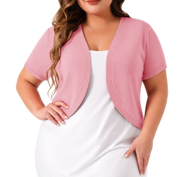 Women's Plus Size Cropped Cardigans Open Front V Neck Short Sleeve Knit Shrug Lightweight Dress Cover Up Pink