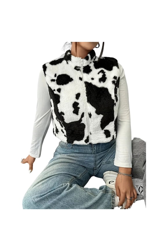 Women's Plus Size Cropped Jacket Cow Print Sleeveless Zip Up Fuzzy Y2K Fall Vest Outerwear Black S