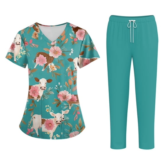 Women's Plus Size Cross V-Neck Scrub Set - Short Sleeve T-Shirt Workwear with Pockets, Animal Floral Pattern Medical Uniform for Nurses, Breathable and Fun Cyan S