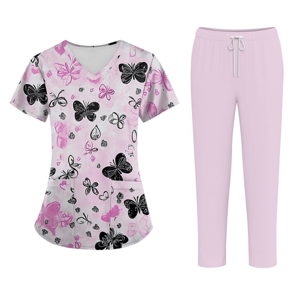 Women's Plus Size Cross V-Neck Scrub Set - Short Sleeve T-Shirt Workwear with Pockets, Animal Floral Pattern Medical Uniform for Nurses, Breathable and Fun Pink XXXL