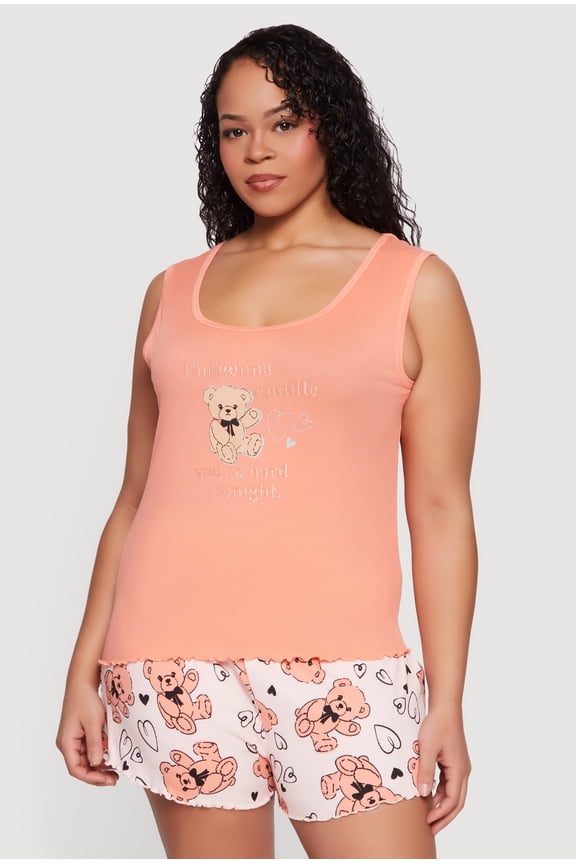 Women's Plus Size Cuddle Bear Graphic Pajama Top and Shorts Set