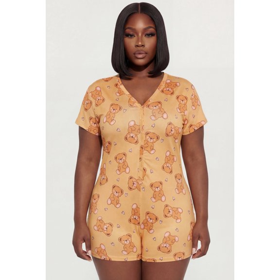 Women's Plus Size Cuddle Buddy Teddy Bear Print Pajama Romper