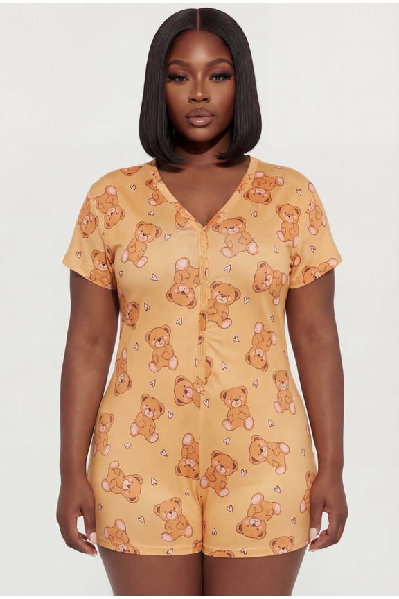 Women's Plus Size Cuddle Buddy Teddy Bear Print Pajama Romper