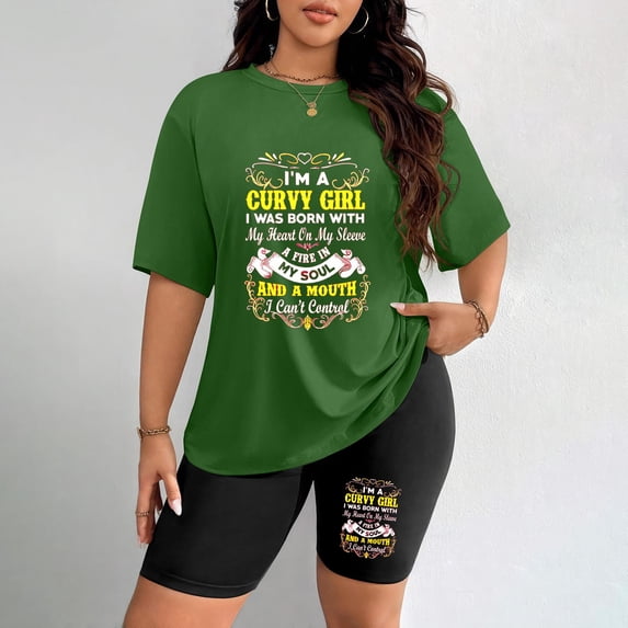 Women's Plus Size Curvy Girl Quote Print T-Shirt & Shorts Set