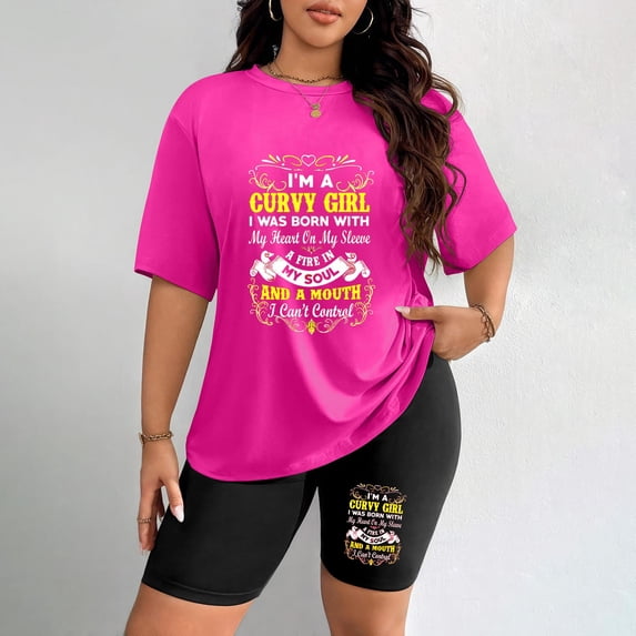 Women's Plus Size Curvy Girl Quote Print T-Shirt & Shorts Set