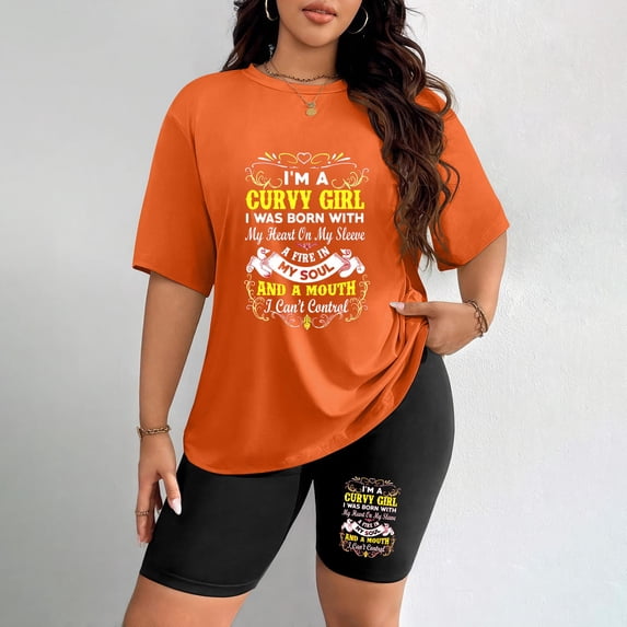 Women's Plus Size Curvy Girl Quote Print T-Shirt & Shorts Set