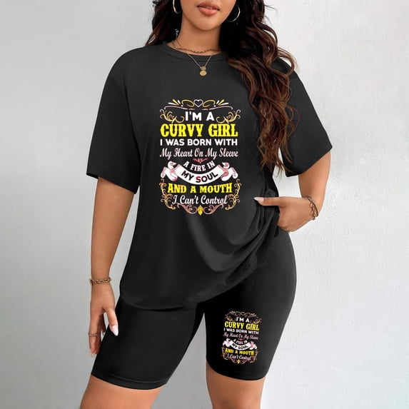 Women's Plus Size Curvy Girl Quote Print T-Shirt & Shorts Set