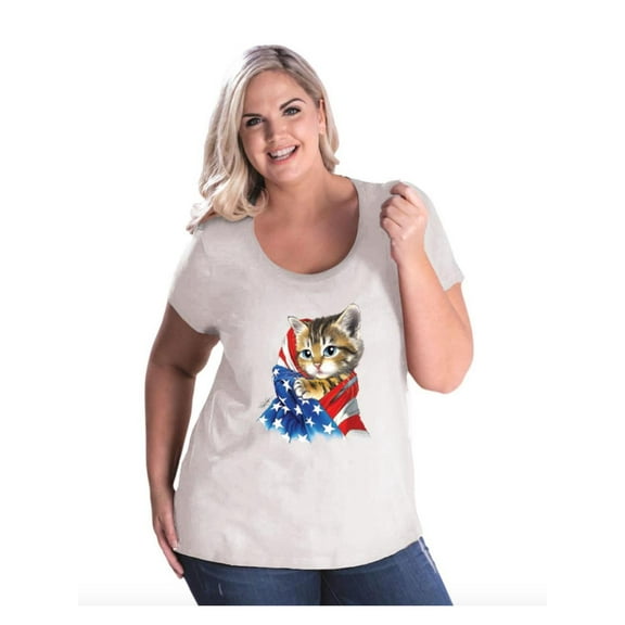 Women's Plus Size Curvy T-Shirt - American Flag 4th of July Kitty