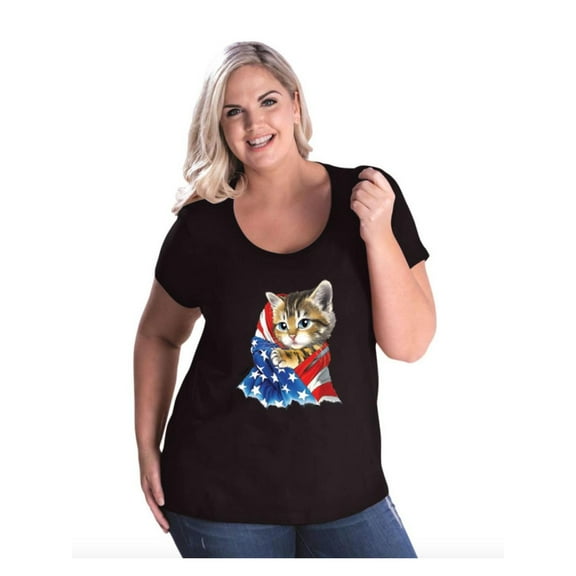 Women's Plus Size Curvy T-Shirt - American Flag 4th of July Kitty