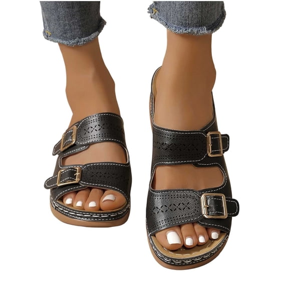 Women's Plus Size Cut-Out Wedge Slide Sandals, Double Buckle Strap with Perforated Design, Comfortable Summer Beach Shoes Black 41