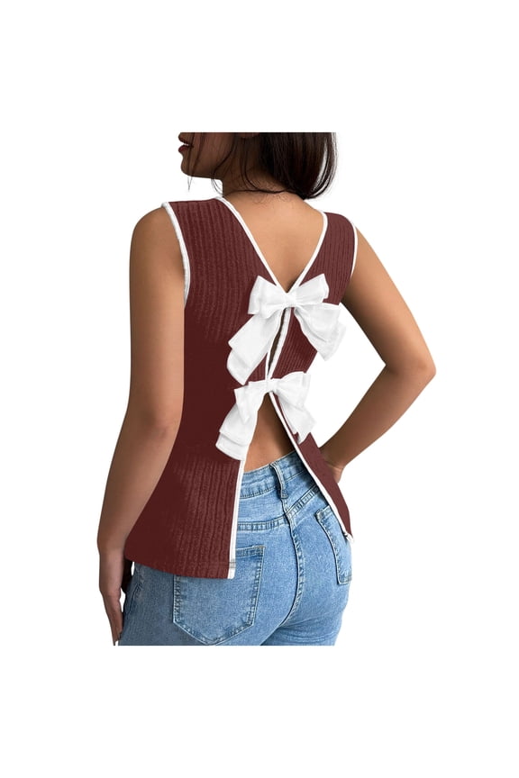 Women's Plus Size Cute Crew Neck Bow Tie Back Blouse Colorblock Split Hem Backless Tank Tops