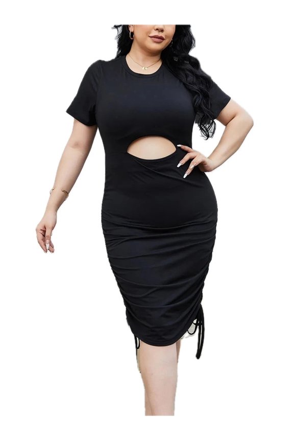 Women's Plus Size Cutout Ruched Round Neck Short Sleeve Dress 95% Polyester 5% Elastane for comfortable fit movement