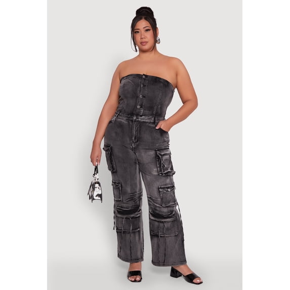 Women's Plus Size Daisy Acid Wash Denim Strapless Jumpsuit