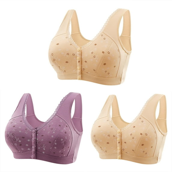Women's Plus Size Daisy Bras, Daisy Bras for Older Women 3 Pack Wireless Front Closure Push Up Bras Full Coverage Comfortable Everyday Bra M-7XL