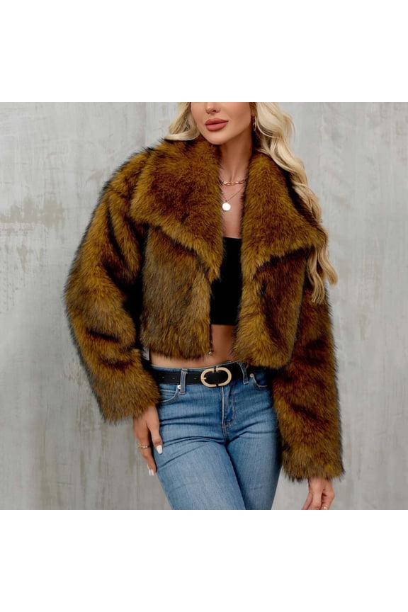 Women's Plus Size Dark Brown Faux Fur Coat Turn-Down Collar Long Sleeve Warm Coat